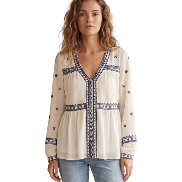 Maette Tops - Stella & Dot MAETTE Cream Navy Blue Embroidered V-Neck Boho Peplum Blouse Small